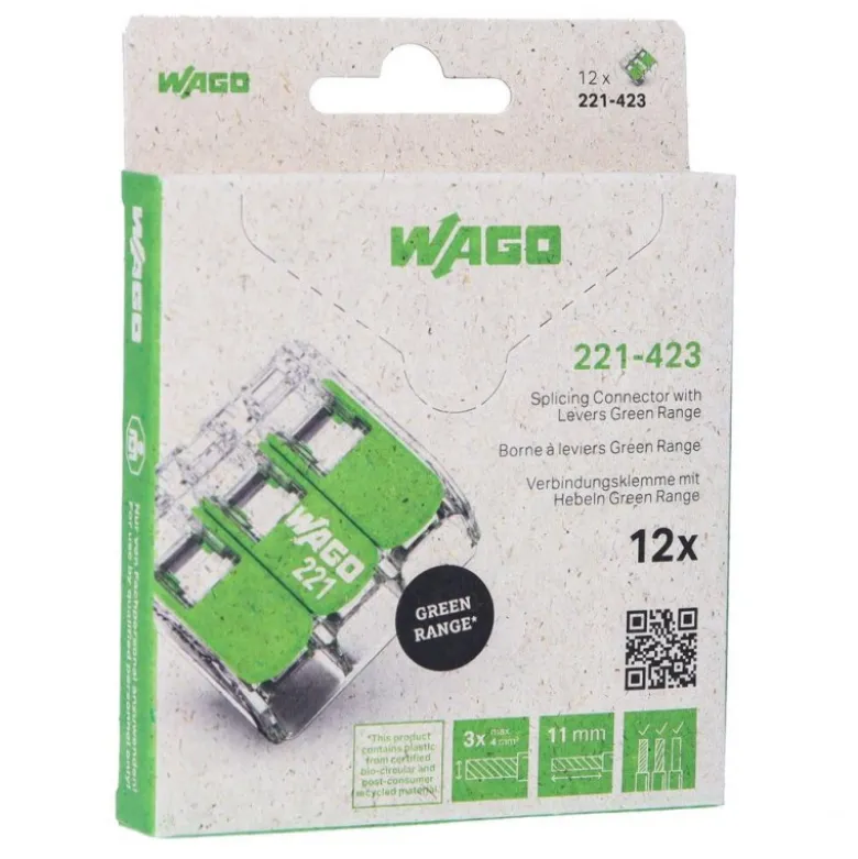 Boîte de 12 bornes WAGO Green 221 3x6mm² à leviers souple & rigide - WAGO |221-423/995-012