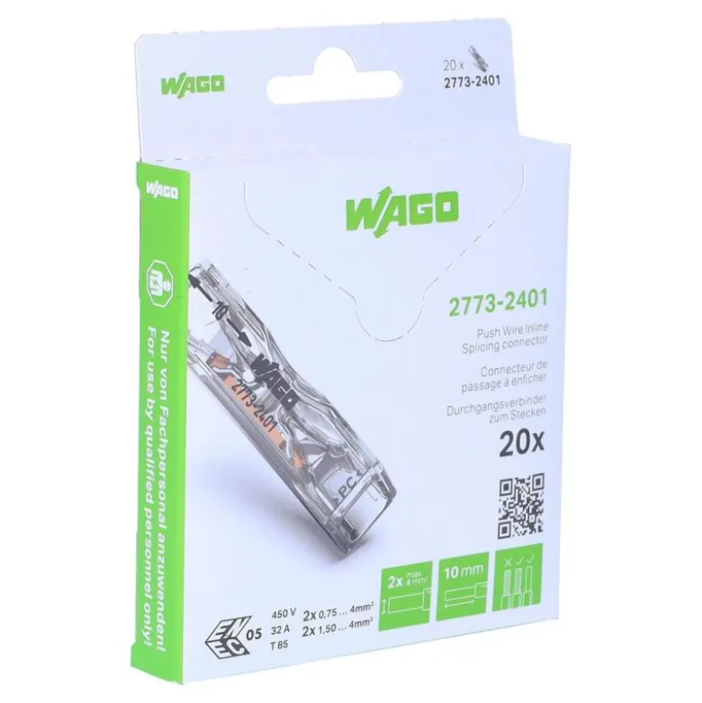 Boîte de 20 bornes WAGO 2773 Inline 2x4mm² rigide - Wago | 2773-2401/995-020