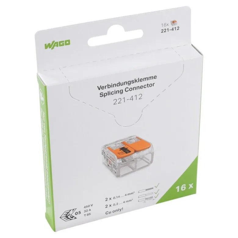 Boîte de 16 bornes WAGO 221 Mini 2x4mm² à leviers souple & rigide - Wago | 221-412/995-016
