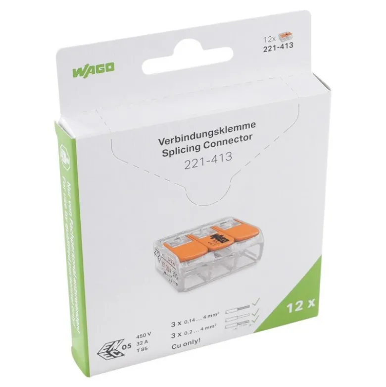 Boîte de 12 bornes WAGO 221 Mini 3x4mm² à leviers souple & rigide - WAGO | 221-413/995-012