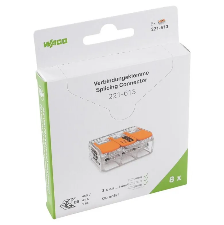 Boîte de 8 bornes WAGO 221 3x6mm² à leviers souple & rigide - WAGO | 221-613/995-008