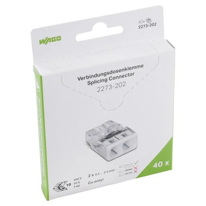 Boîte de 40 bornes WAGO 2273 - 2 x 0,5 à 2,5mm² Transp. / Blanc - Wago | 2273-202
