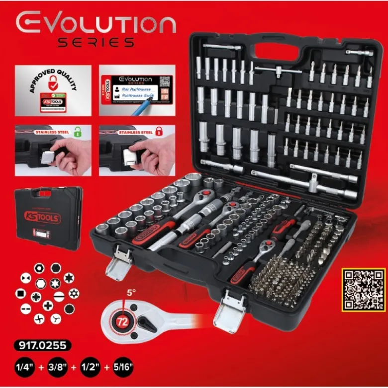 Coffret de douilles 1/4'' + 3/8 + 1/2'', 255 pcs. - KSTools | 917.0255