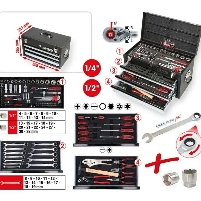 Coffret d'outils universels CHROMEplus 1/4'' + 1/2'', 99 pcs. - KSTools | 918.0100