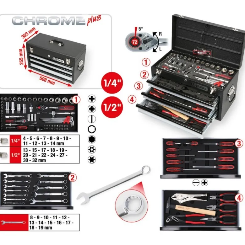 Coffret d'outils universels CHROMEplus 1/4'' + 1/2'', 99 pcs. - KSTools | 918.0200