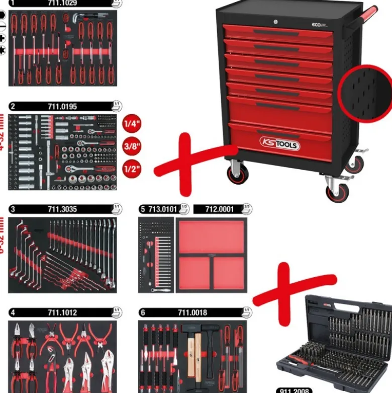 ECOline Servante d'atelier NOIR/ROUGE avec 7 tiroirs et 598 outils d'excellente qualité - KSTools | 897.7598