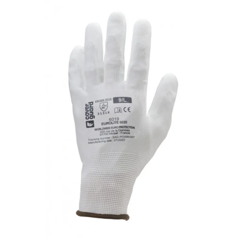 Gants EUROLITE 6020 polyester blanc J13 paume enduite PU blanc - COVERGUARD | MO6020