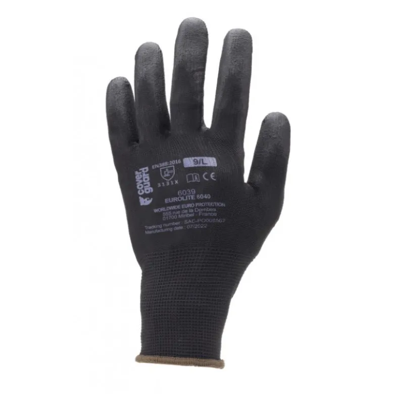 Gants EUROLITE 6040 polyester noir J13 paume enduite PU noir - COVERGUARD | MO6040