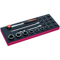 Jeu de douilles 1/2" et cliquet à tête ronde, module mousse 1/3 Fit&Go - 22 pcs - Bahco | FF1E2203