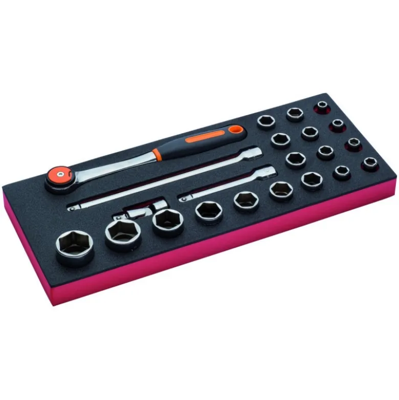 Jeu de douilles 1/2" et cliquet à tête ronde, module mousse 1/3 Fit&Go - 22 pcs - Bahco | FF1E2203