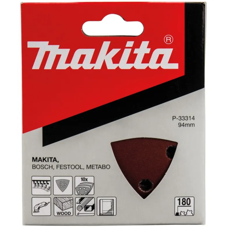 Papier à poncer triangulaire feuilles abrasives 94mm Grain 180, Qté 10 Makita | P-33314