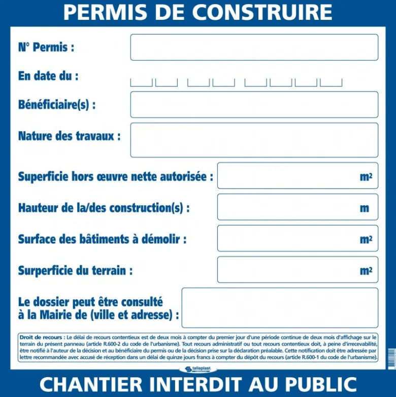 PERMIS DE CONSTRUIRE 800X800MM TALIAPLAST | 570102