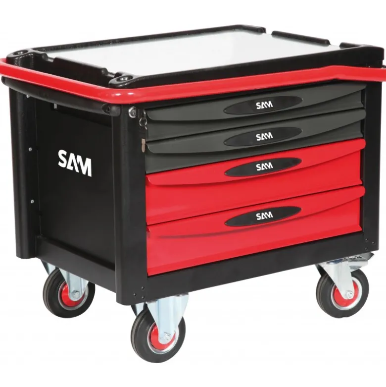 ROULEUSE ATELIER 40 - 4 TIROIRS - ROUGE - PLATEAU ALUMINIUM - SAM | SERVI-R40R