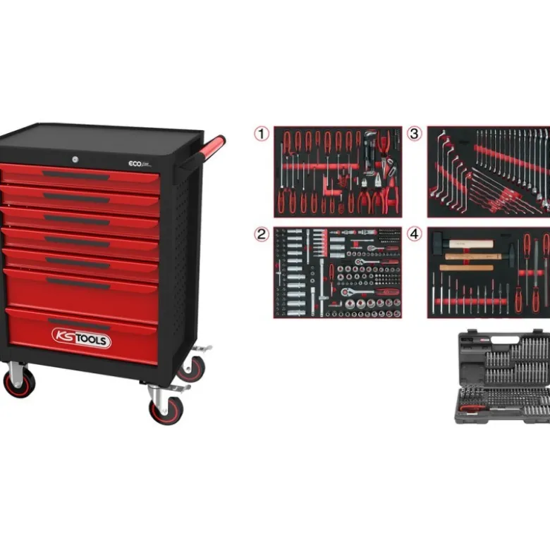Servante d'atelier ECOline NOIR/ROUGE 7 tiroirs équipée de 515 outils - KSTools | 897.7515