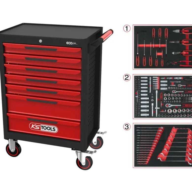 Servante d'atelier ECOline NOIR/ROUGE 7 tiroirs equipée de 215 outils - KSTools | 897.7215