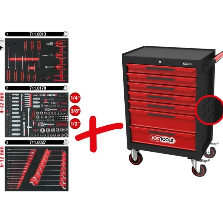 Servante d'atelier ECOline NOIR/ROUGE 7 tiroirs equipée de 215 outils - KSTools | 897.7215
