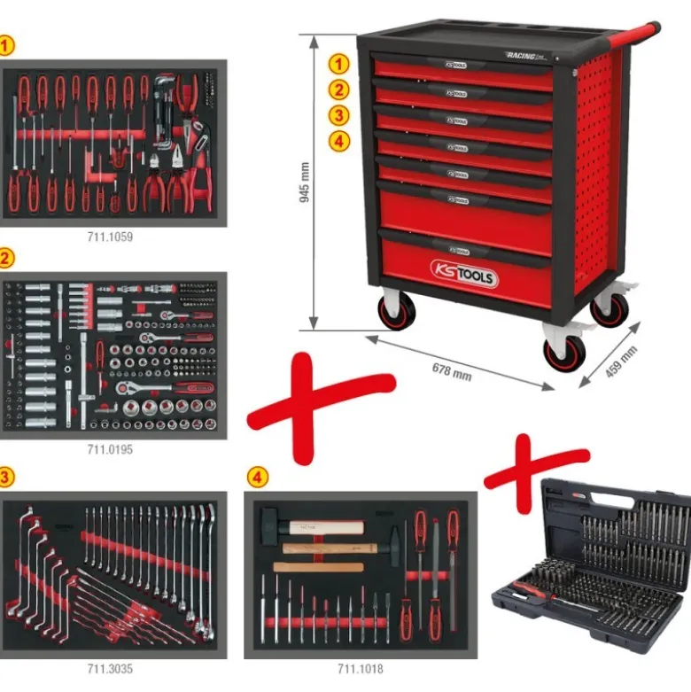 Servante d'atelier RACINGline NOIR/ROUGE 7 tiroirs équipée de 515 outils - KSTools | 826.7515