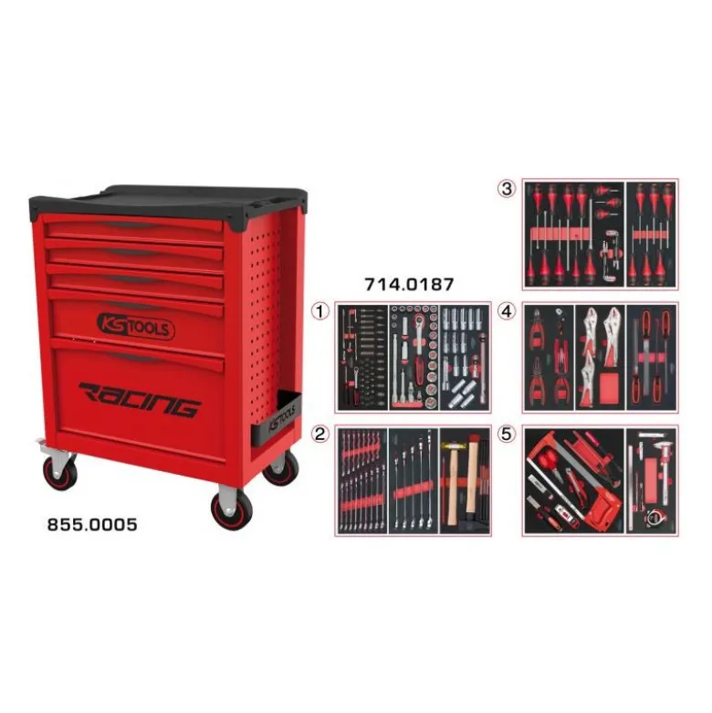Servante RACING 5 tiroirs équipée de 187 outils - KSTools | 855.5186