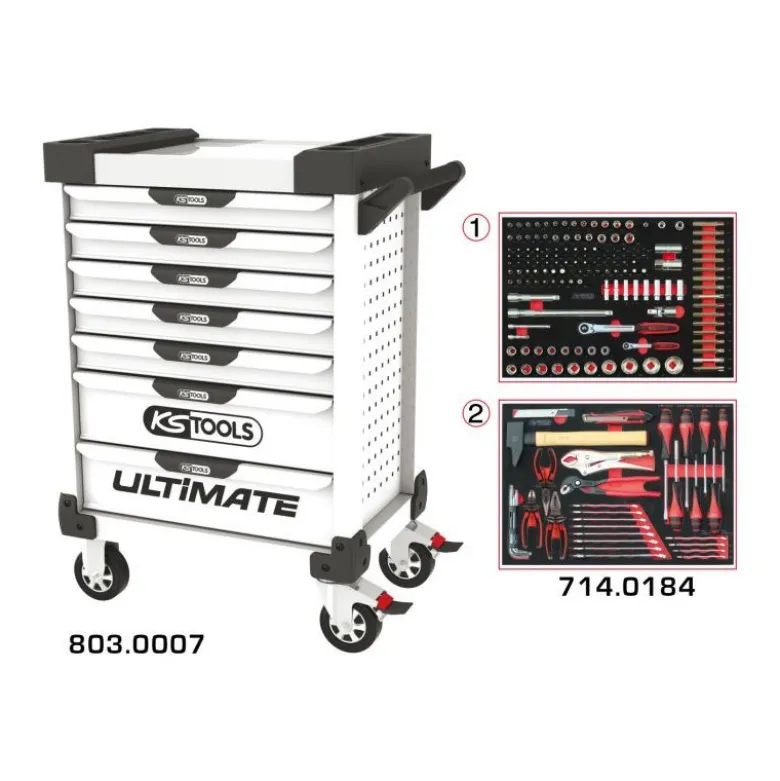 Servante ULTIMATE blanche 7 tiroirs équipée de 184 outils - KSTools | 803.7184