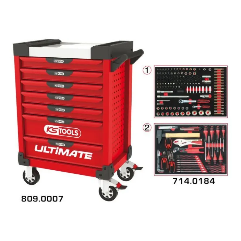 Servante ULTIMATE rouge 7 tiroirs équipée de 184 outils - KSTools | 809.7184