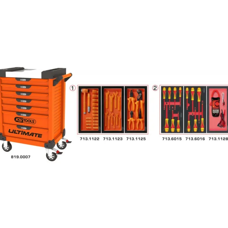 Servante ULTIMATE 7 tiroirs orange équipée de 44 outils isolés et d'une pince ampèremétrique- KSTools | 819.7045