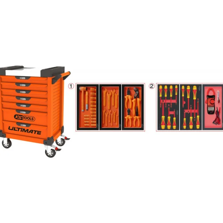 Servante ULTIMATE 7 tiroirs orange équipée de 44 outils isolés et d'une pince ampèremétrique- KSTools | 819.7045