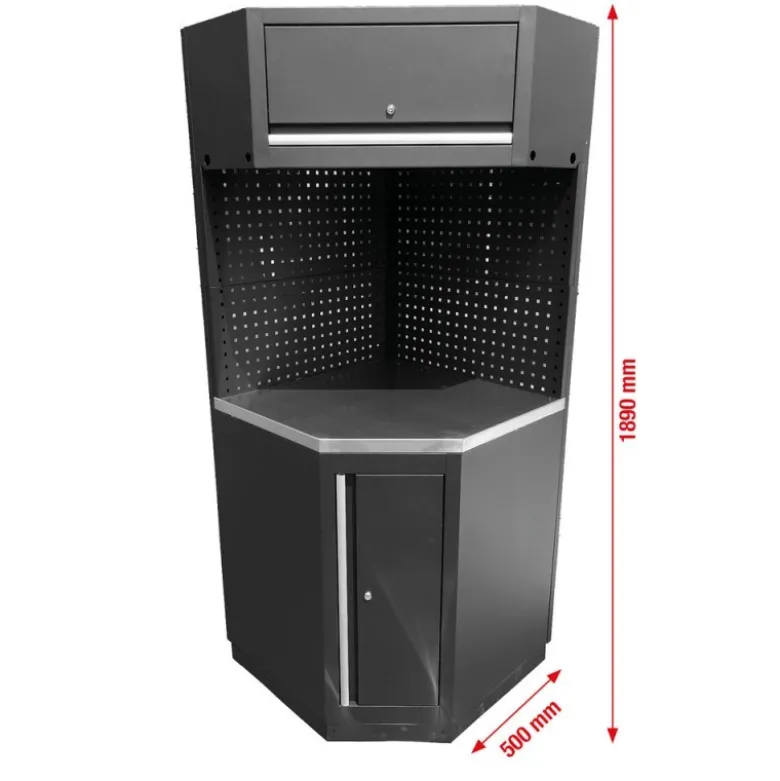 Système d’armoire d’atelier avec module d’angle et plan de travail en acier inoxydable - KSTools | 866.6010