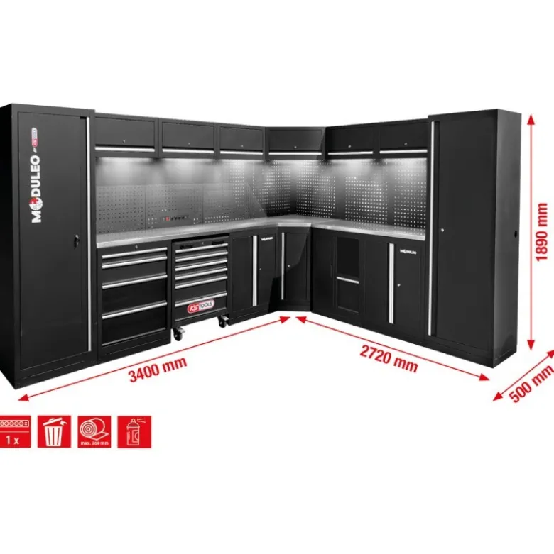Système d’armoire d’atelier, forme en L, 3400 x 2720 mm, variante 1 - KSTools | 866.6215