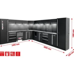 Système d’armoire d’atelier, forme en L, 3400 x 4080 mm, variante 1 - KSTools | 866.6275
